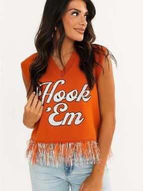 QUEEN OF SPARKLES Orange 'Hook 'Em' Fringe Knit Tank